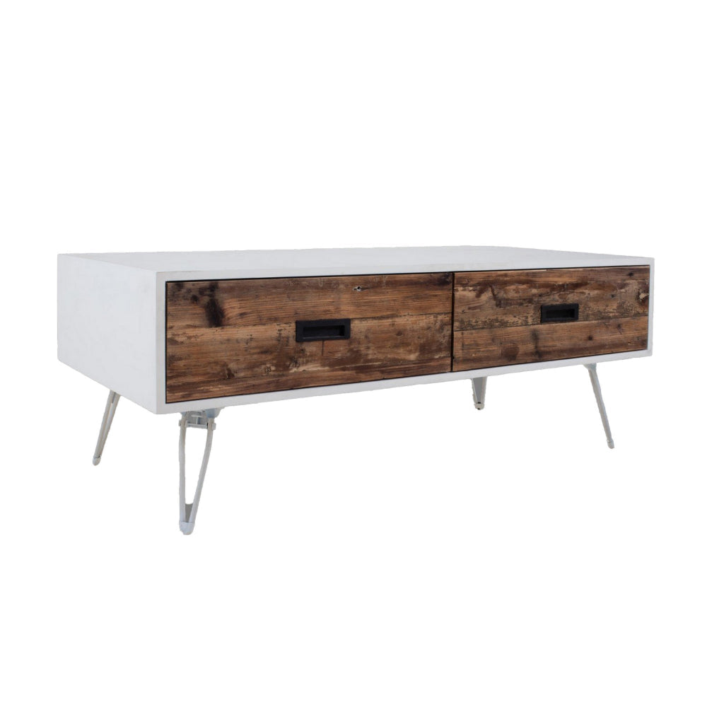 Fem 48 Inch Modern Coffee Table, 2 Drawers, Angled Base, White Brown Wood By Casagear Home