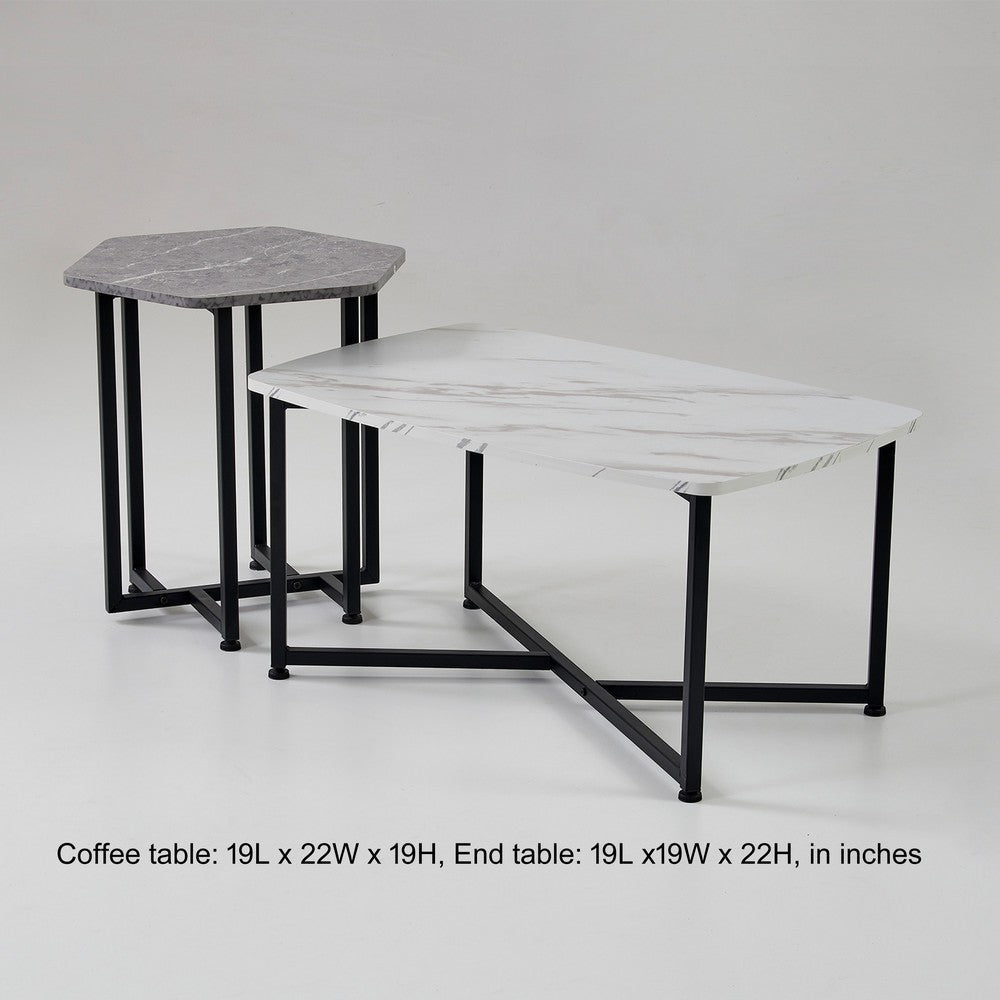 Shy Coffee and End Table Set of 2 White Geometric Top Gray Black Steel By Casagear Home BM315421