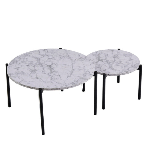 2 Piece Nesting Coffee Table Set, Modern Gray White Faux Marble Round Top By Casagear Home