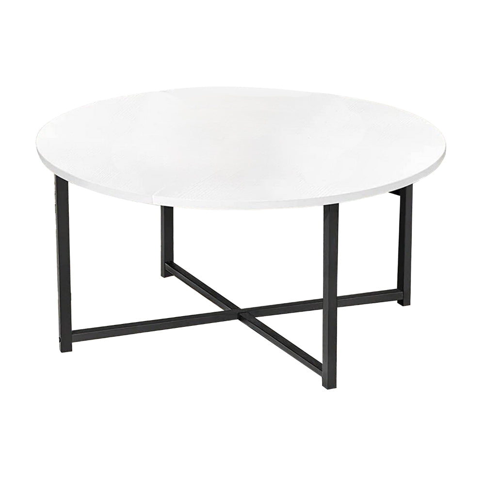 Jyn 34 Inch Coffee Table Round Top Cross Base Black Steel White Wood By Casagear Home BM315424