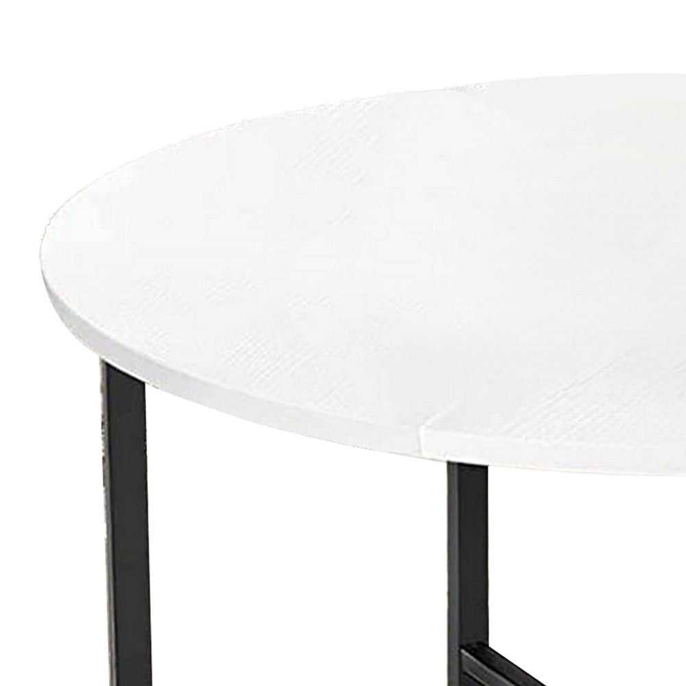 Jyn 34 Inch Coffee Table Round Top Cross Base Black Steel White Wood By Casagear Home BM315424