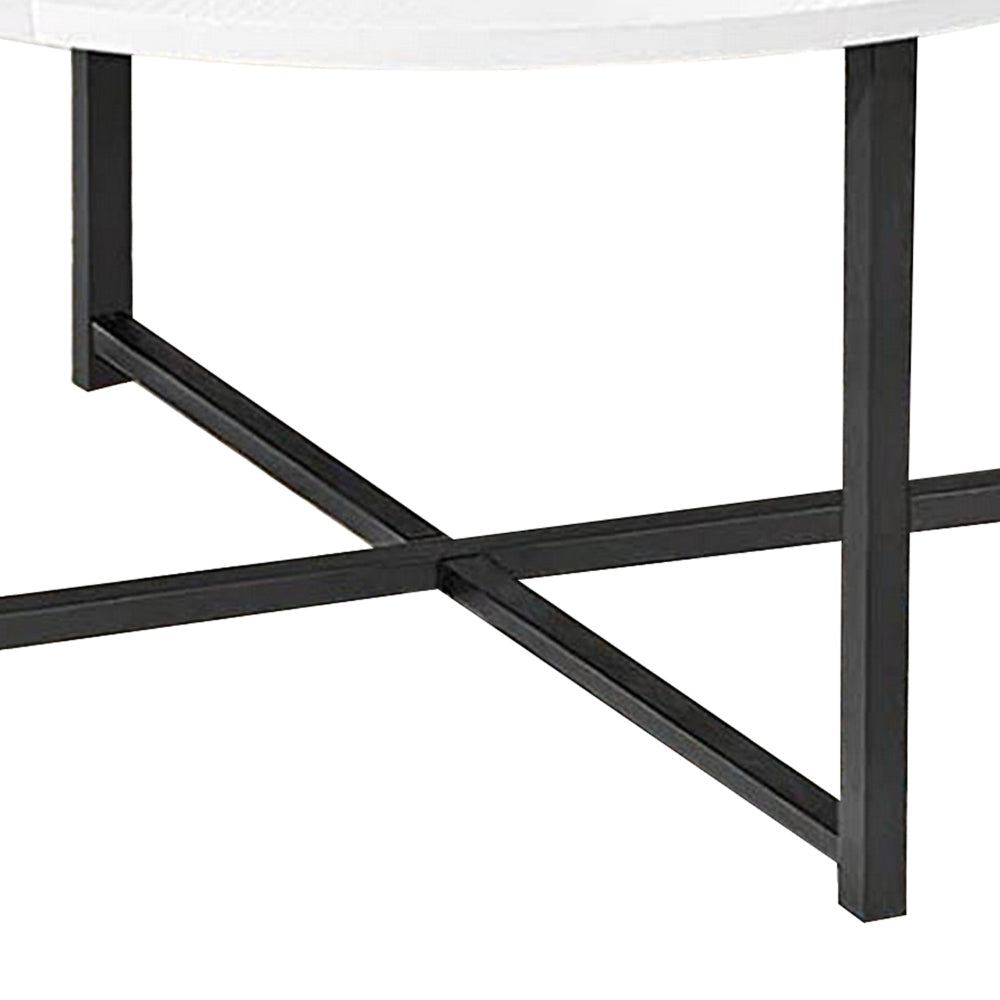 Jyn 34 Inch Coffee Table Round Top Cross Base Black Steel White Wood By Casagear Home BM315424