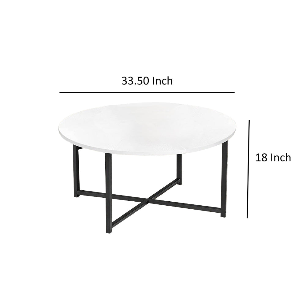 Jyn 34 Inch Coffee Table Round Top Cross Base Black Steel White Wood By Casagear Home BM315424