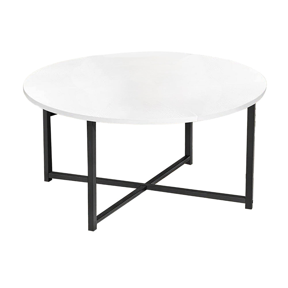 Jyn 34 Inch Coffee Table, Round Top, Cross Base, Black Steel, White Wood By Casagear Home