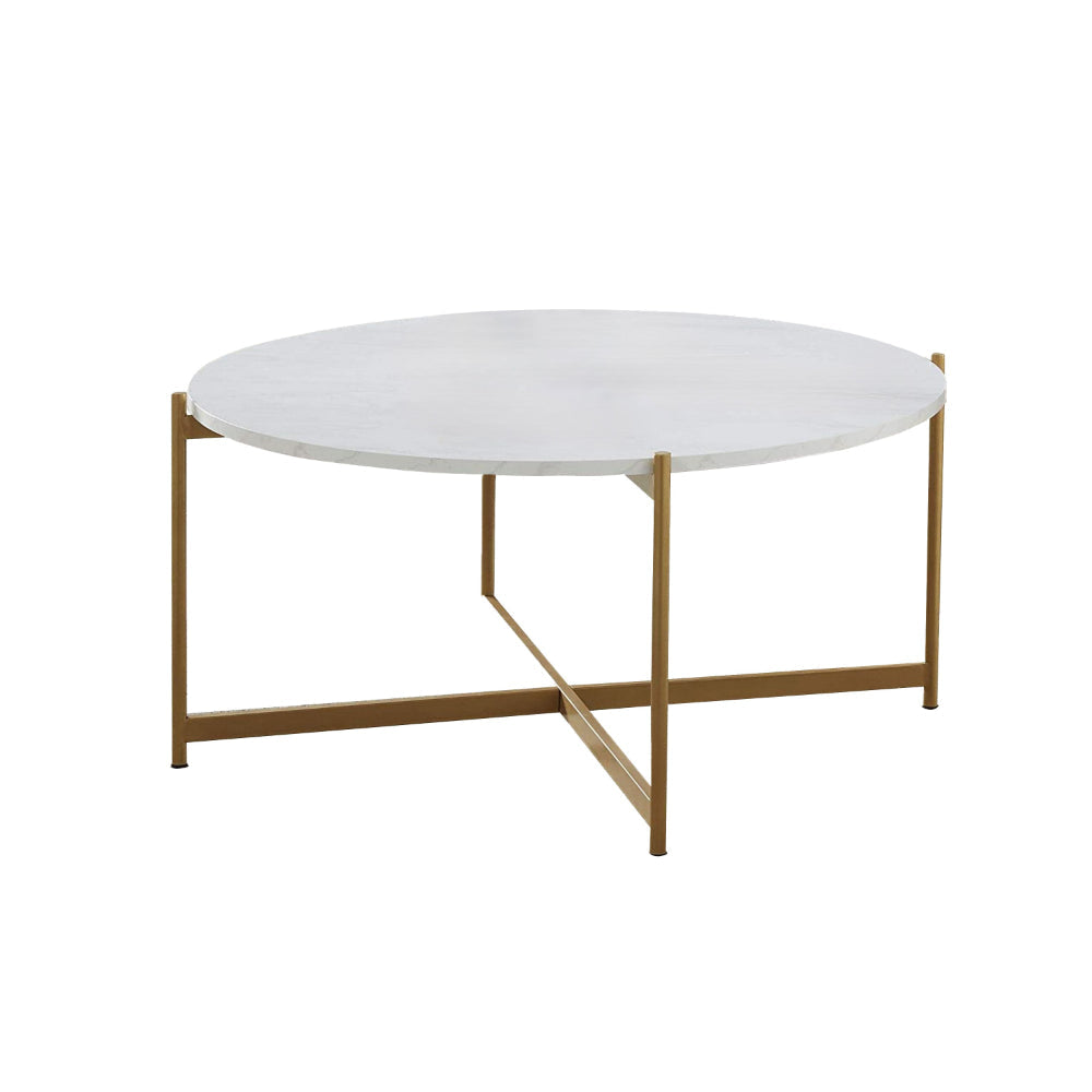 Jyn 34 Inch Coffee Table White Wood Round Top Gold Steel Cross Base By Casagear Home BM315425