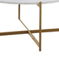 Jyn 34 Inch Coffee Table White Wood Round Top Gold Steel Cross Base By Casagear Home BM315425