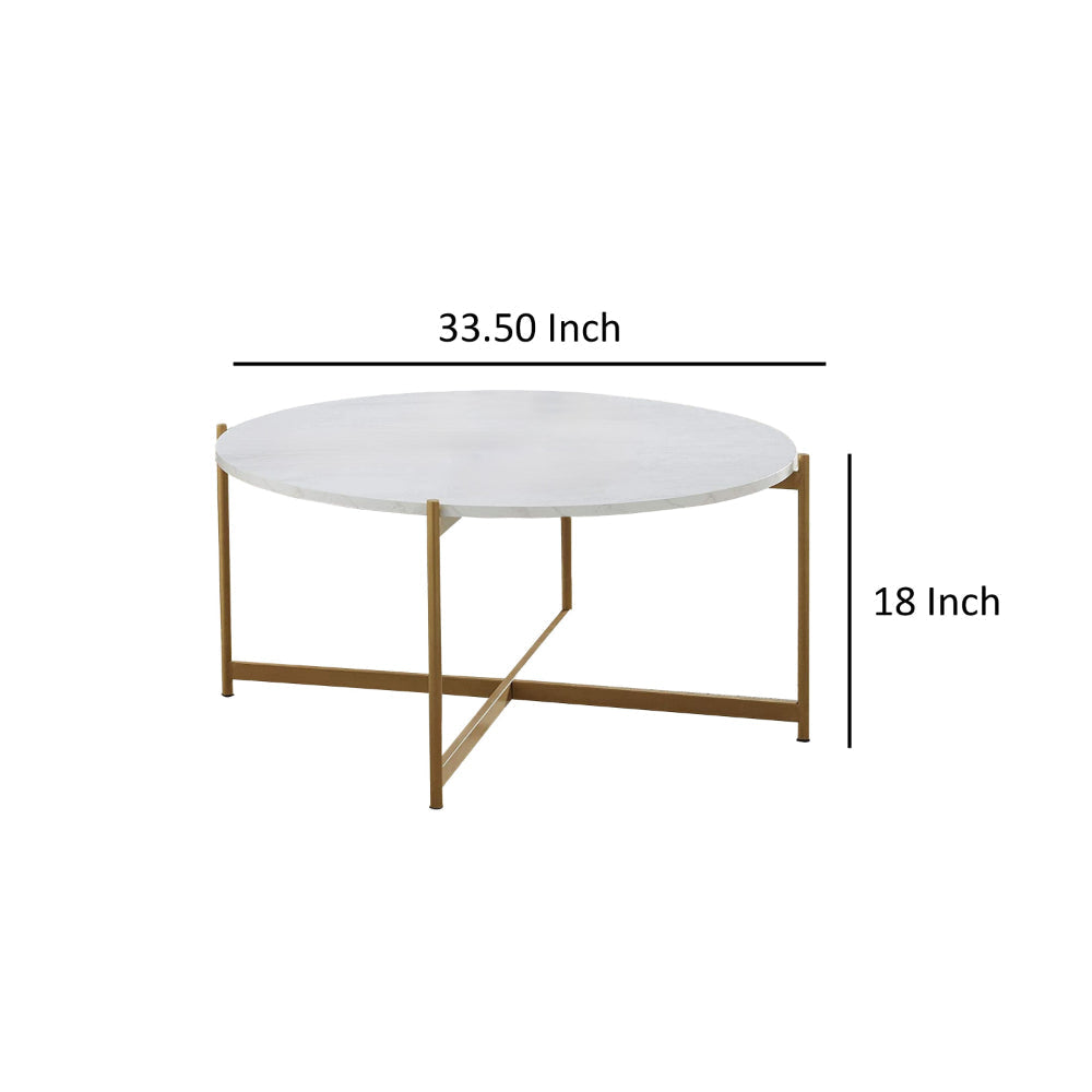 Jyn 34 Inch Coffee Table White Wood Round Top Gold Steel Cross Base By Casagear Home BM315425