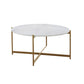 Jyn 34 Inch Coffee Table, White Wood Round Top, Gold Steel Cross Base By Casagear Home