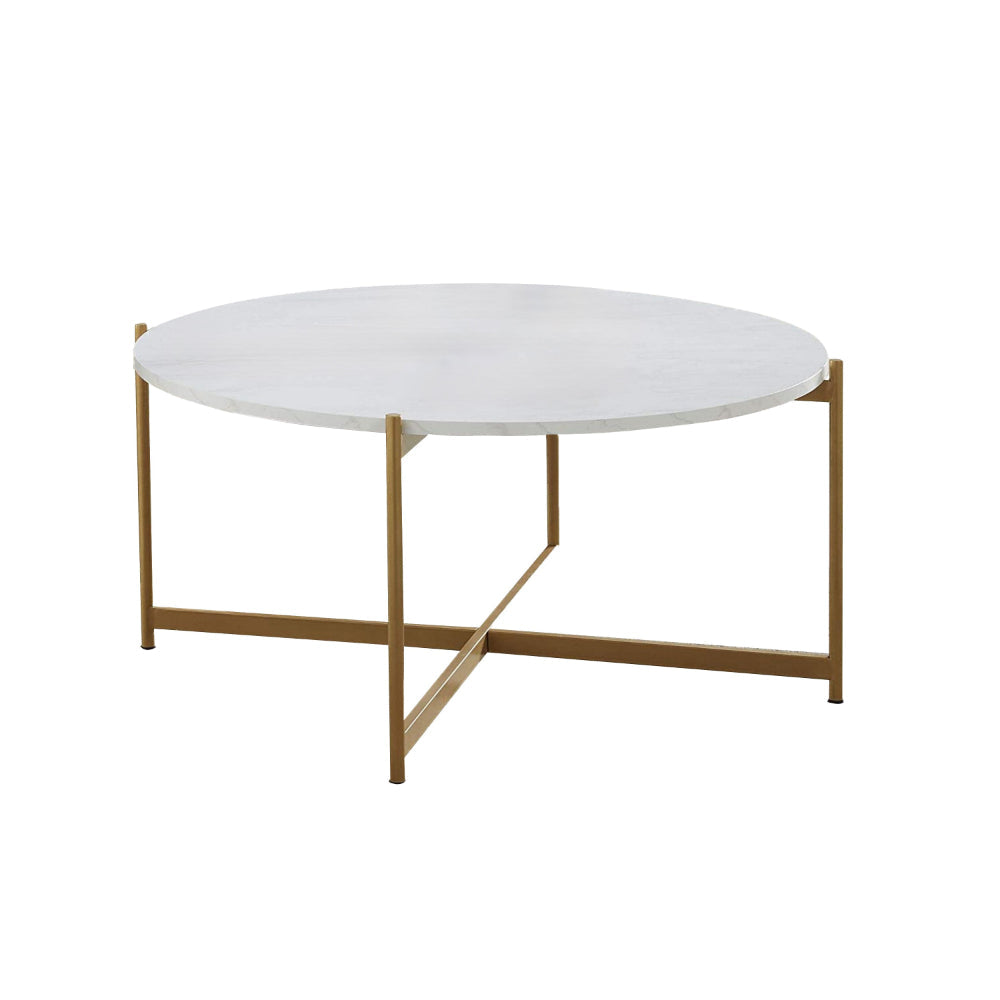 Jyn 34 Inch Coffee Table, White Wood Round Top, Gold Steel Cross Base By Casagear Home