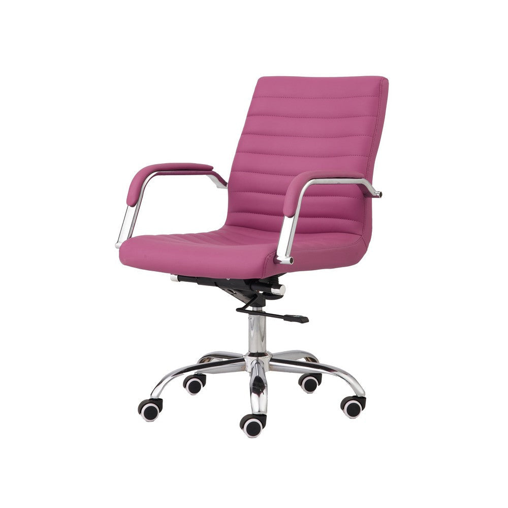 22 Inch Swivel Office Armchair Sleek Lines and Tufted Pink Faux Leather By Casagear Home BM315429