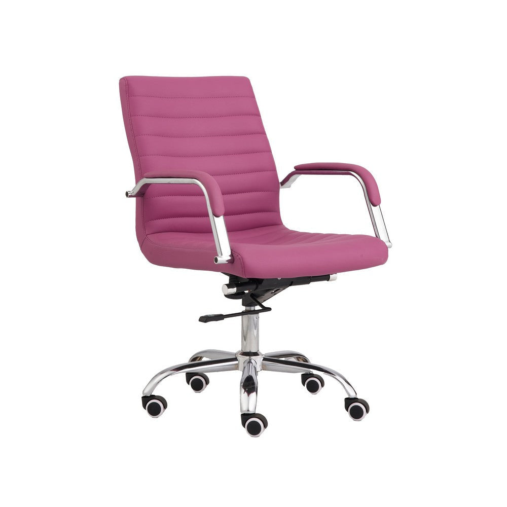 22 Inch Swivel Office Armchair Sleek Lines and Tufted Pink Faux Leather By Casagear Home BM315429