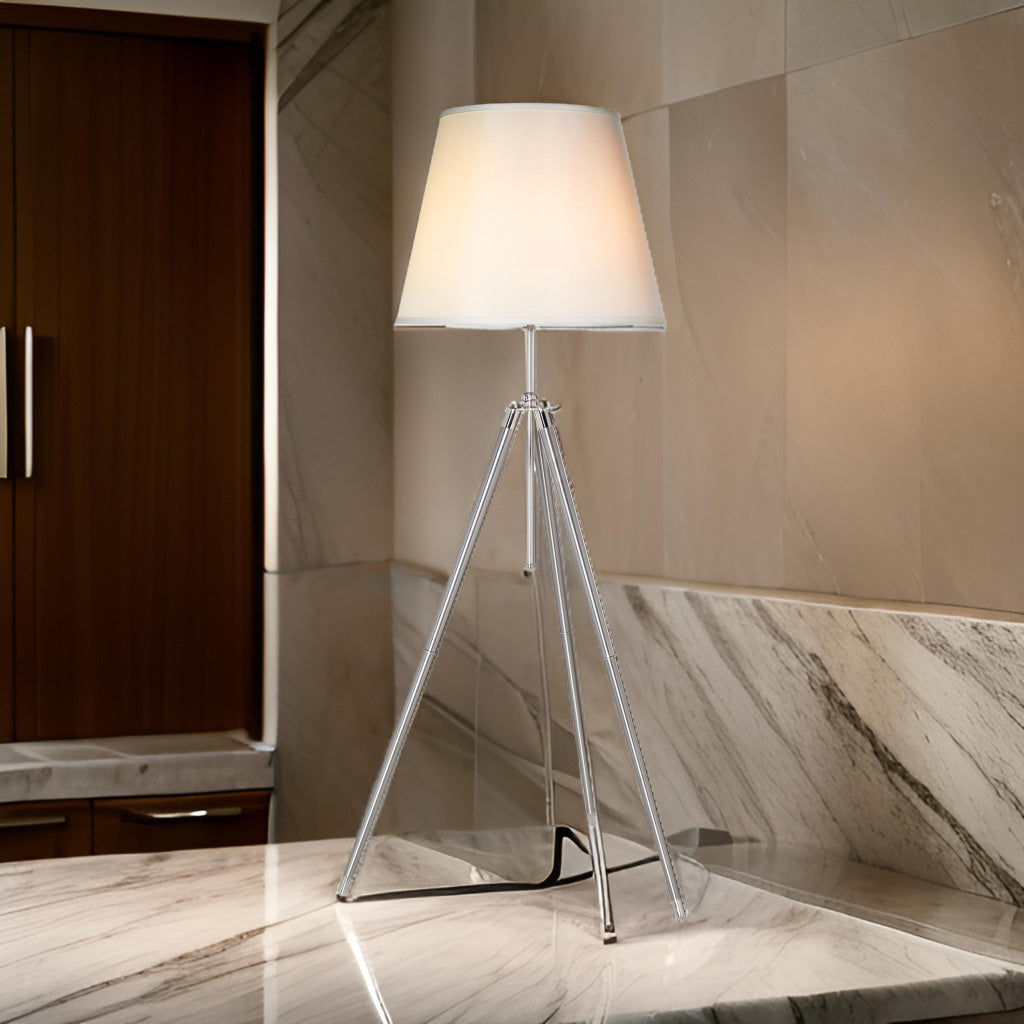 66 Inch Floor Lamp with White Drum Shade, Modern Chrome Metal Tripod Base By Casagear Home