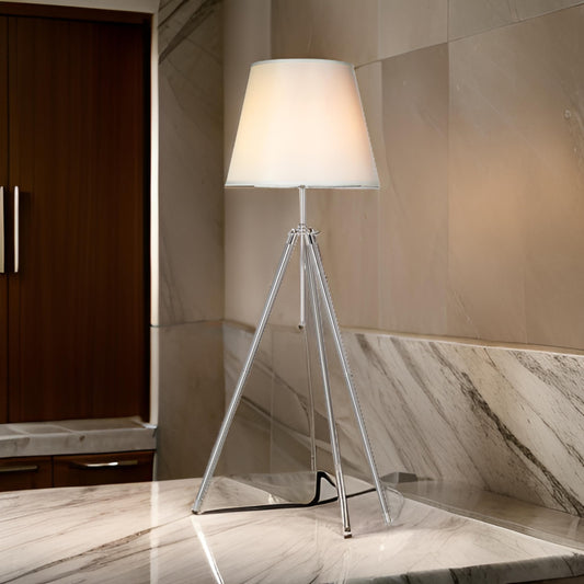 66 Inch Floor Lamp with White Drum Shade, Modern Chrome Metal Tripod Base By Casagear Home