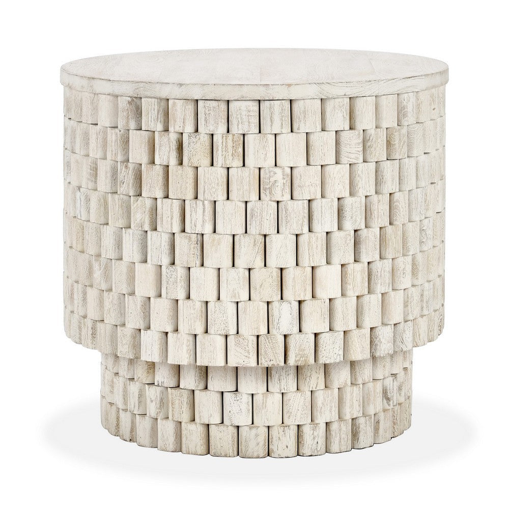 Nor 25 Inch End Table Round Square Check Pattern White Solid Mango Wood By Casagear Home BM315450