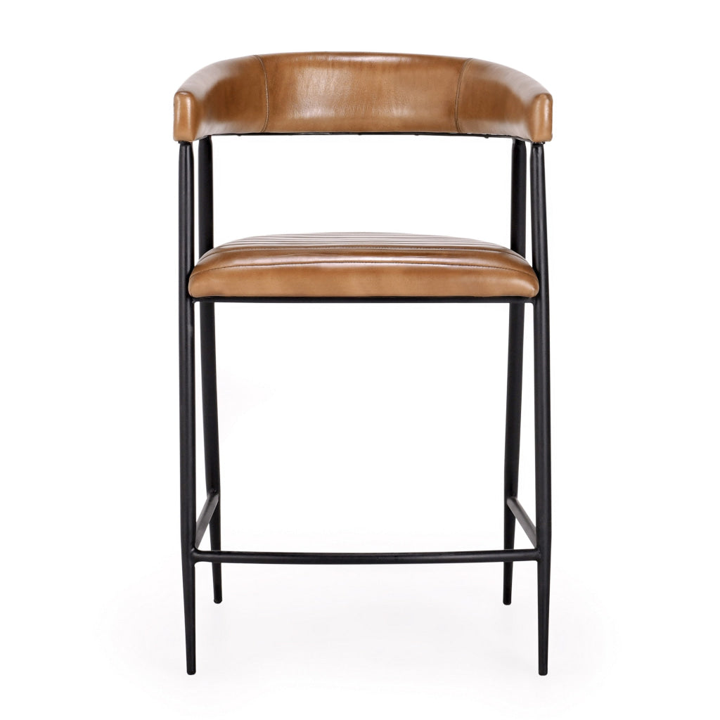 Prst 26 Inch Counter Stool Chair Curved Caramel Real Leather Black Iron By Casagear Home BM315456