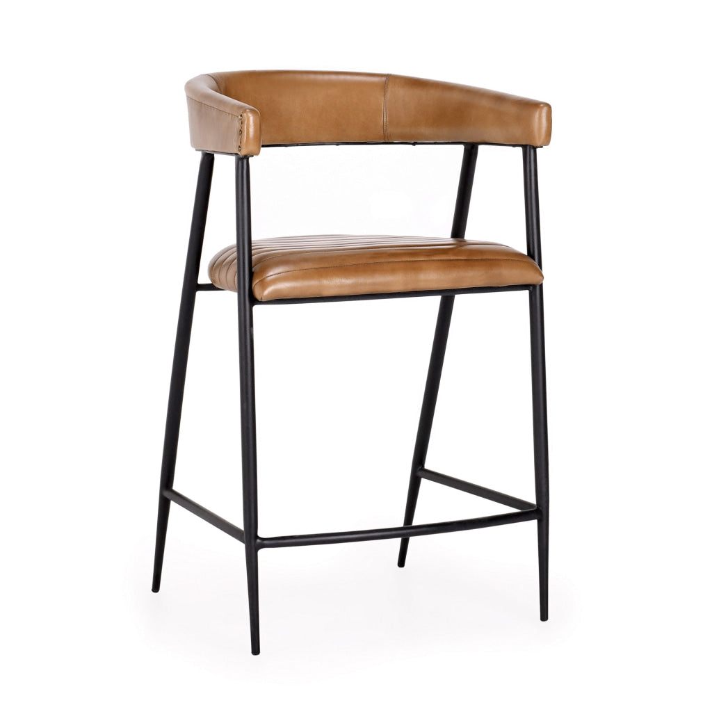 Prst 26 Inch Counter Stool Chair Curved Caramel Real Leather Black Iron By Casagear Home BM315456