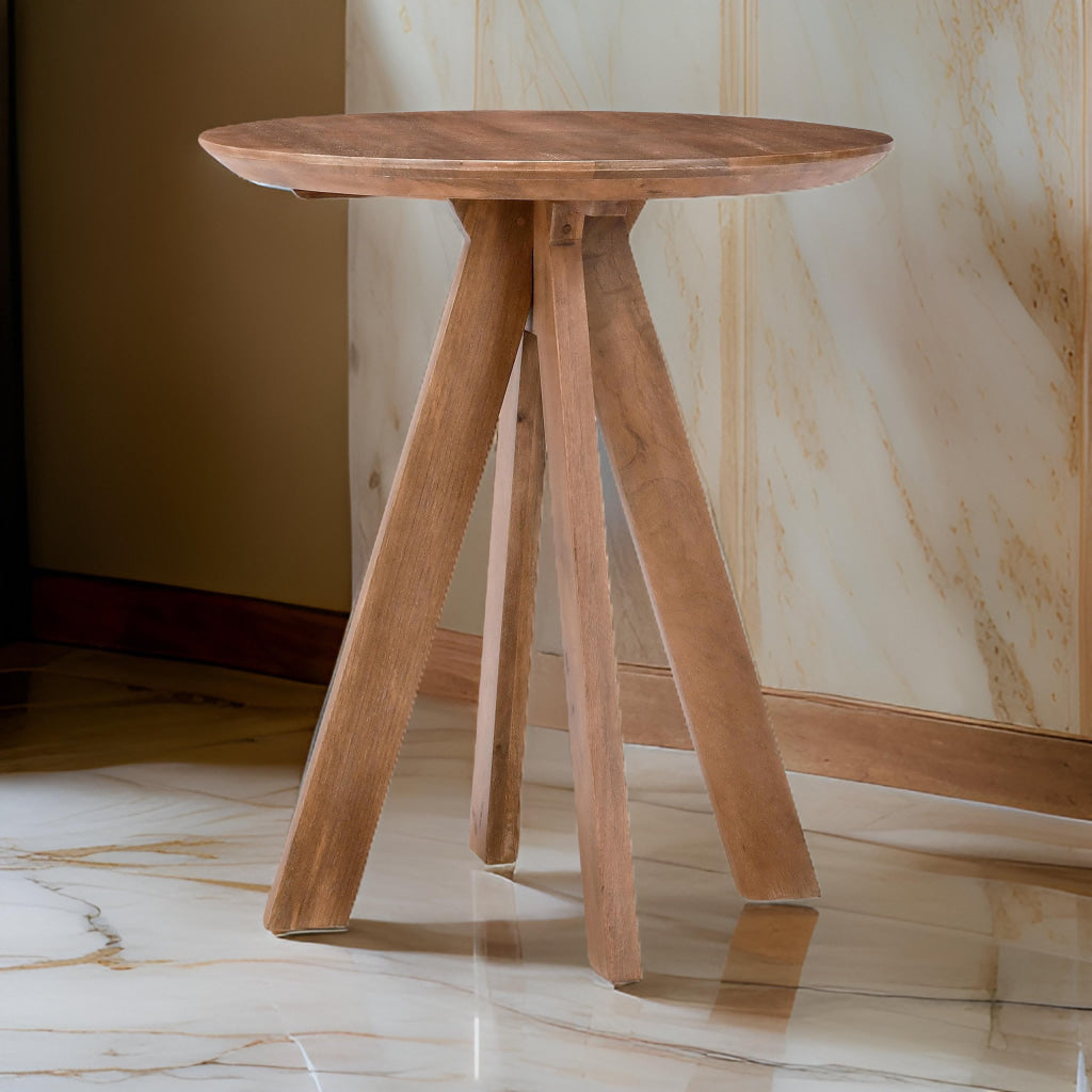 Dri 36 Inch Counter Table, Round Top, Pyramid Base, Brown Solid Mango Wood By Casagear Home