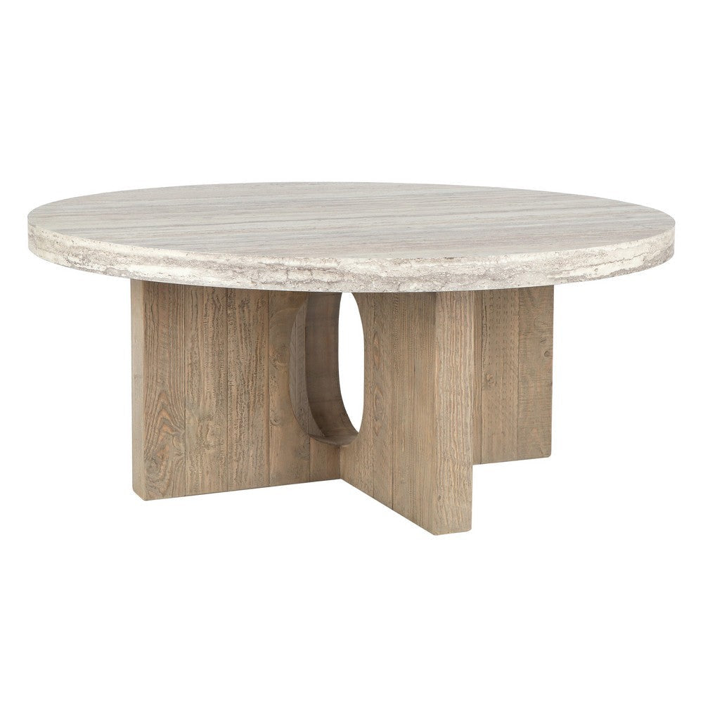 Tab 42 Inch Coffee Table, White Round Top, Tripod Base, Concrete, Pine Wood By Casagear Home