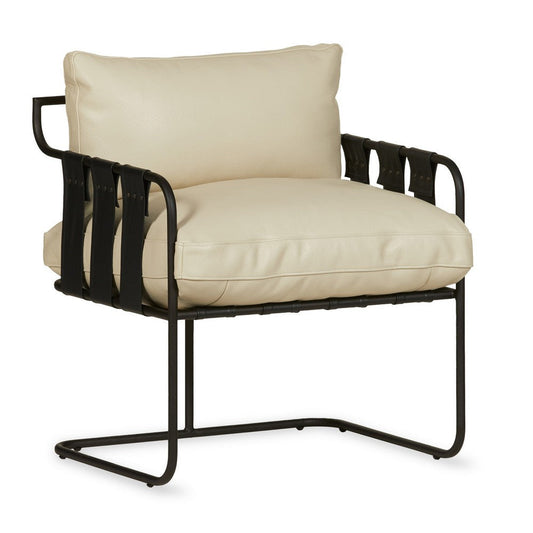 Luca 27 Inch Accent Armchair, Cantilever, Cream Real Leather, Black Metal By Casagear Home