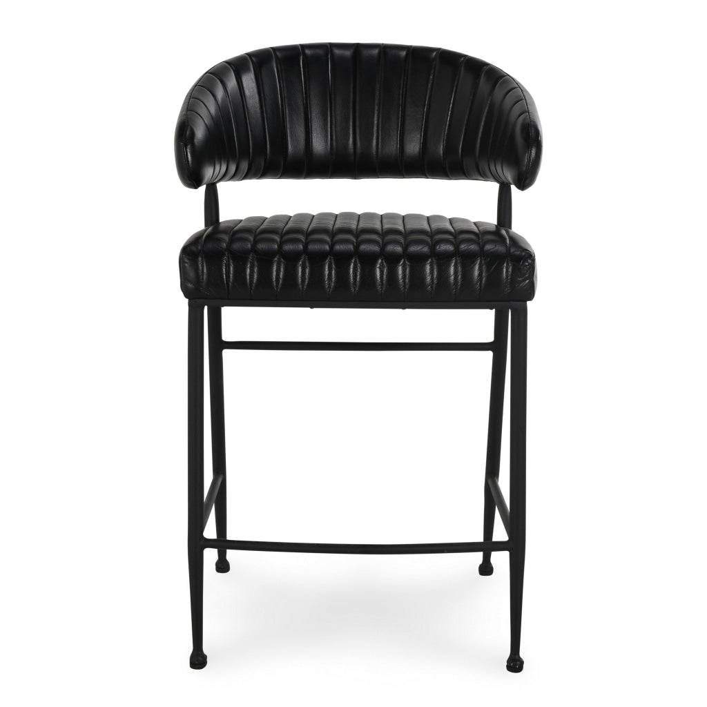 Bri 26 Inch Counter Stool Chair Curved Padded Tufted Black Leather Iron By Casagear Home BM315464