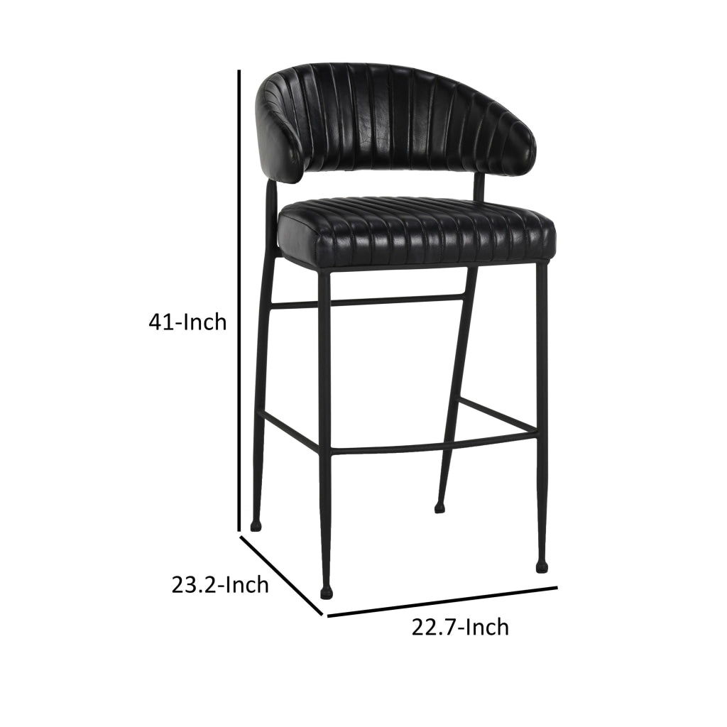 Bri 30 Inch Barstool Chair Curved Padded Tufted Black Leather Iron By Casagear Home BM315465