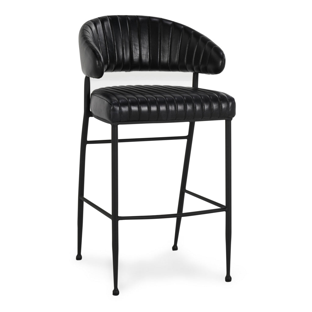 Bri 30 Inch Barstool Chair Curved Padded Tufted Black Leather Iron By Casagear Home BM315465