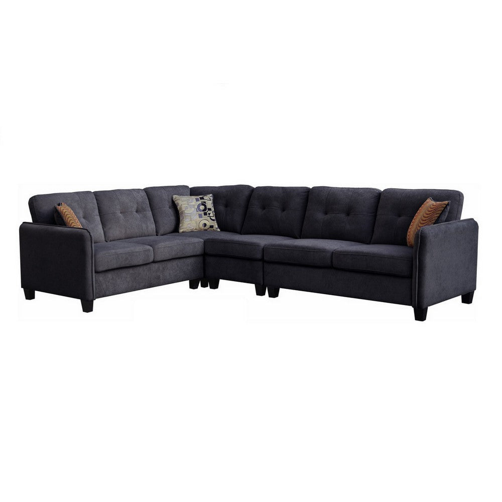 Che 115 Inch Plush Sectional Sofa, 6 Seater, Black Velvet, Solid Wood By Casagear Home