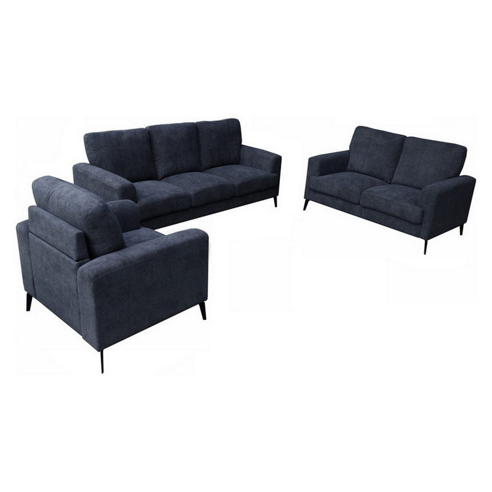 Jake 3 Piece Sofa Loveseat and Chair Living Room Set Black Chenille By Casagear Home BM315474