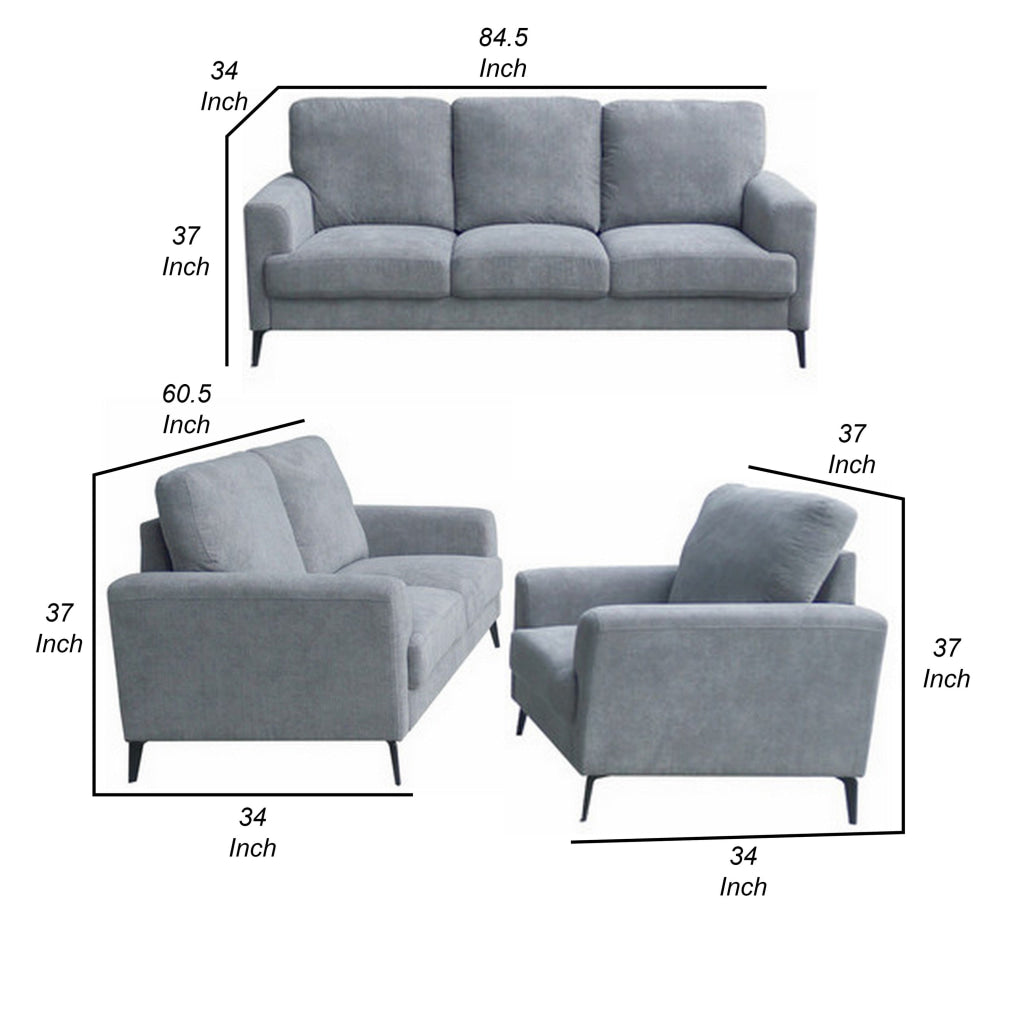 Jake 3 Piece Sofa Loveseat and Chair Living Room Set Gray Chenille By Casagear Home BM315475