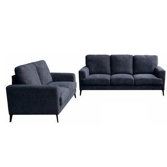 Jake 2 Piece Sofa and Loveseat Living Room Set, Black Chenille, Metal Legs By Casagear Home