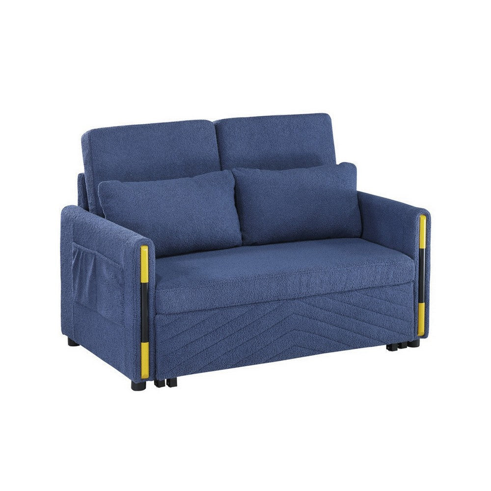 Pcy 56 Inch Sleeper Loveseat with Side Pockets, Blue Teddy Velvet, Wood By Casagear Home