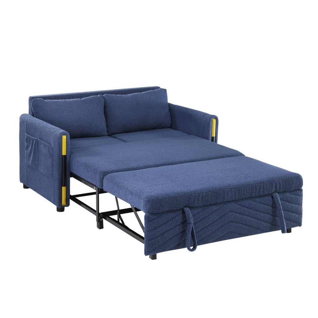 Pcy 56 Inch Sleeper Loveseat with Side Pockets Blue Teddy Velvet Wood By Casagear Home BM315489