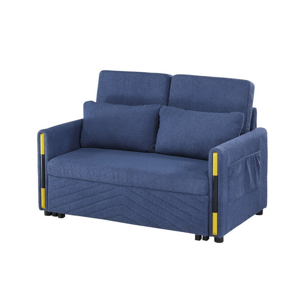 Pcy 56 Inch Sleeper Loveseat with Side Pockets Blue Teddy Velvet Wood By Casagear Home BM315489