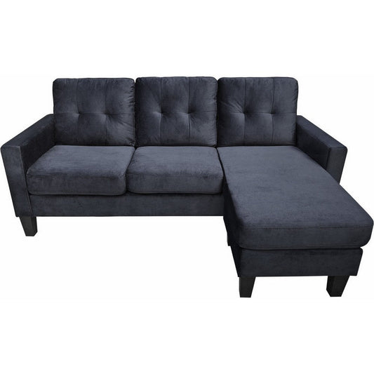 Dennis 73 Inch Reversible Sectional Sofa Chaise, Black Velvet, Solid Wood By Casagear Home