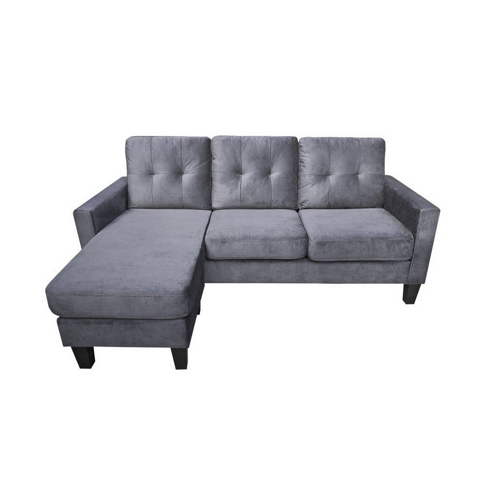 Dennis 73 Inch Reversible Sectional Sofa Chaise Gray Velvet Solid Wood By Casagear Home BM315492