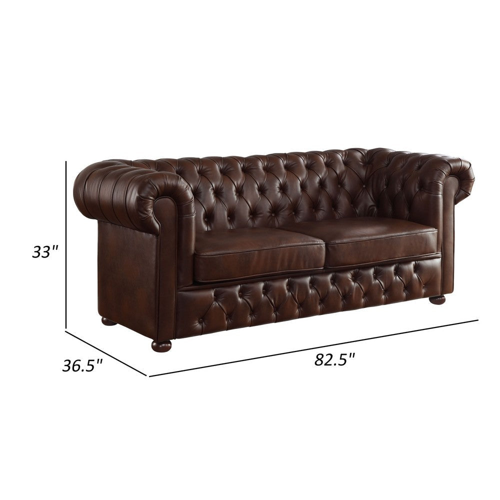 Ivey 83 Inch Sofa Rolled Arms Chesterfield Tufted Brown Faux Leather By Casagear Home BM315498