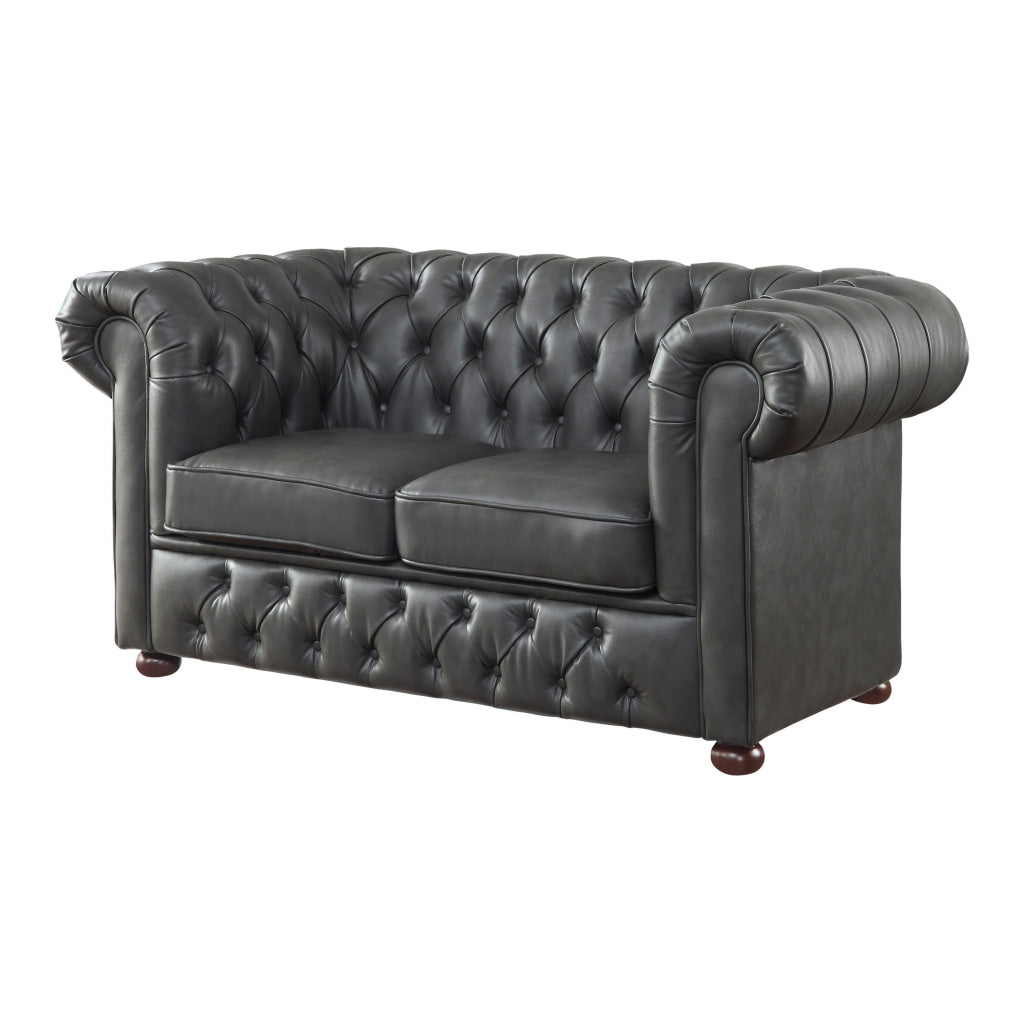 Ivey 67 Inch Loveseat Gray Faux Leather Tufted Chesterfield Solid Wood By Casagear Home BM315500