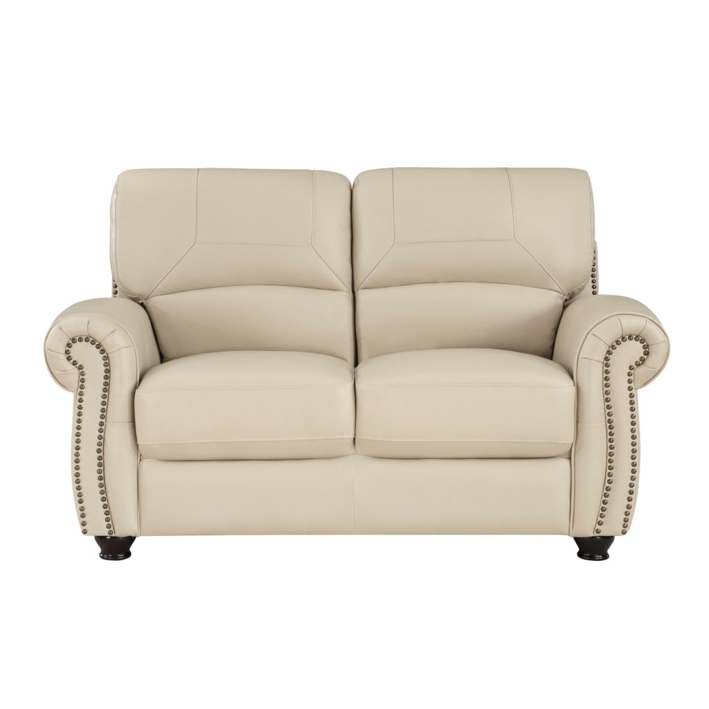 Kia 63 Inch Loveseat Cream Top Grain and Faux Leather Brown Solid Wood By Casagear Home BM315505