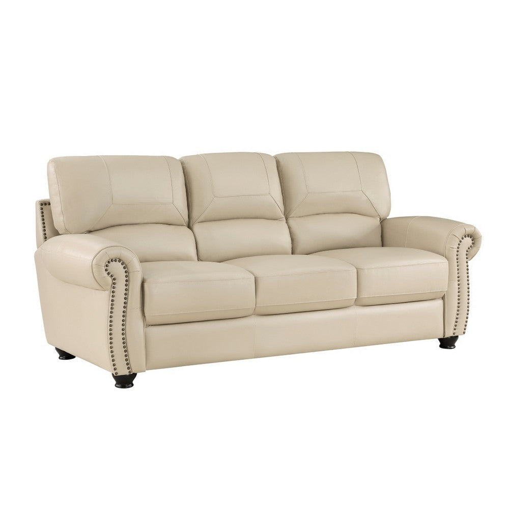 Kia 84 Inch Sofa, Cream Top Grain and Faux Leather, Brown Solid Wood By Casagear Home