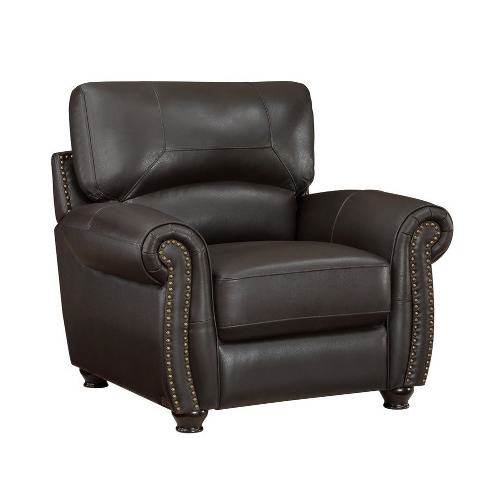 Kia 37 Inch Accent Chair, Dark Brown Top Grain and Faux Leather, Solid Wood By Casagear Home