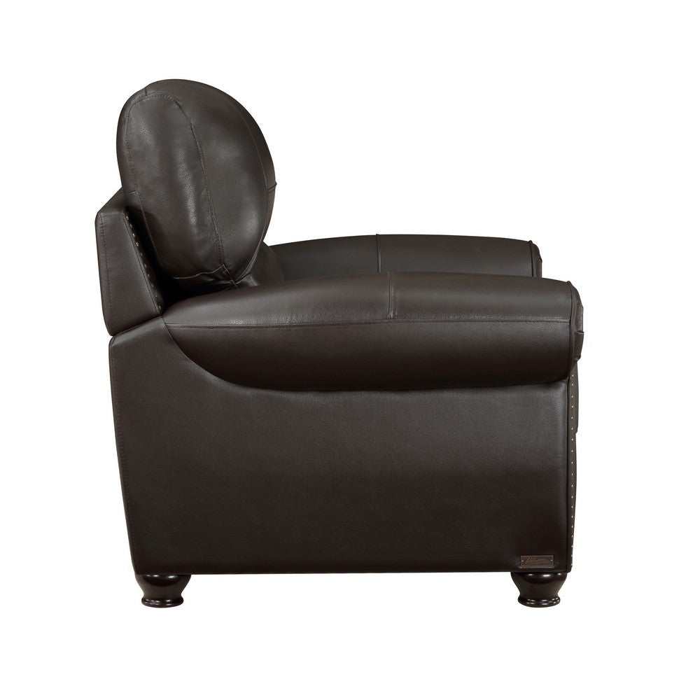 Kia 37 Inch Accent Chair Dark Brown Top Grain and Faux Leather Solid Wood By Casagear Home BM315507