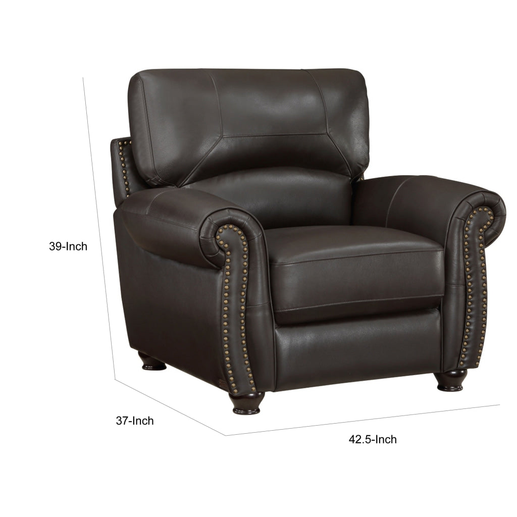 Kia 37 Inch Accent Chair Dark Brown Top Grain and Faux Leather Solid Wood By Casagear Home BM315507