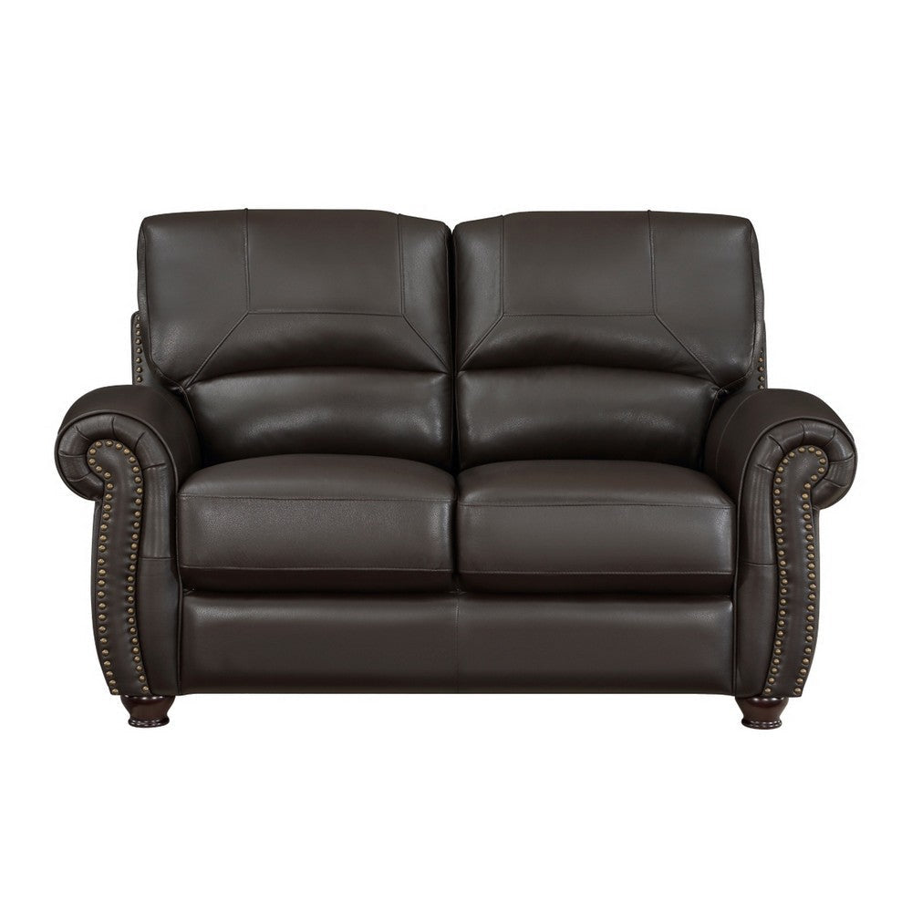 Kia 63 Inch Loveseat Dark Brown Top Grain and Faux Leather Solid Wood By Casagear Home BM315508