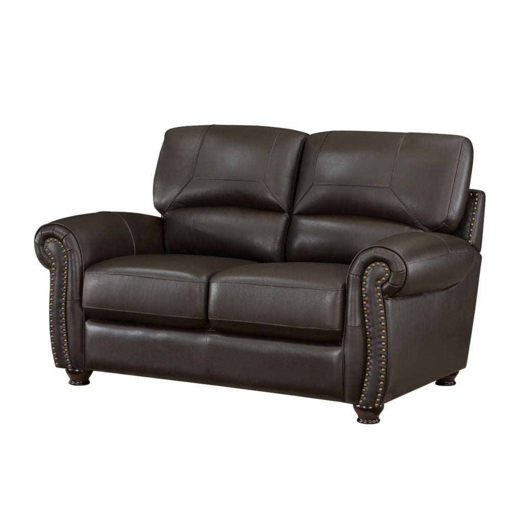 Kia 63 Inch Loveseat Dark Brown Top Grain and Faux Leather Solid Wood By Casagear Home BM315508