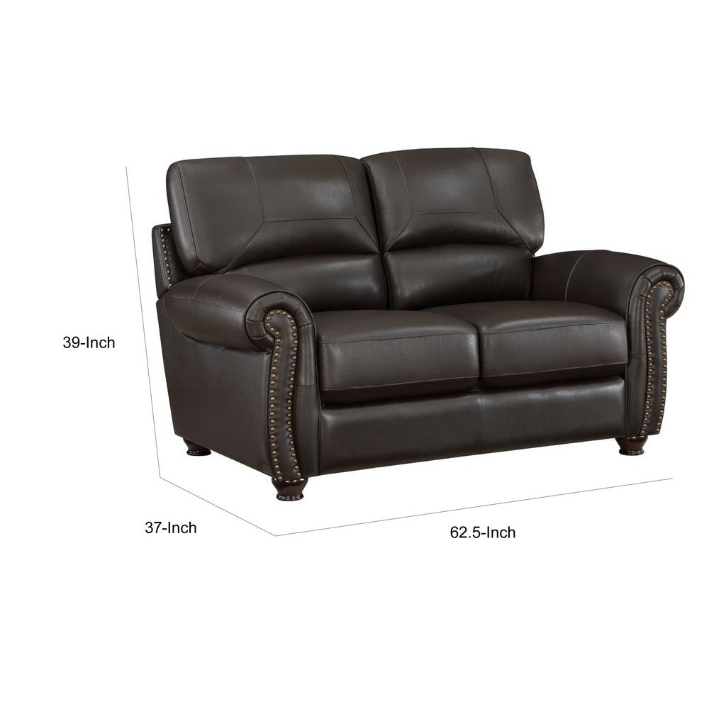 Kia 63 Inch Loveseat Dark Brown Top Grain and Faux Leather Solid Wood By Casagear Home BM315508