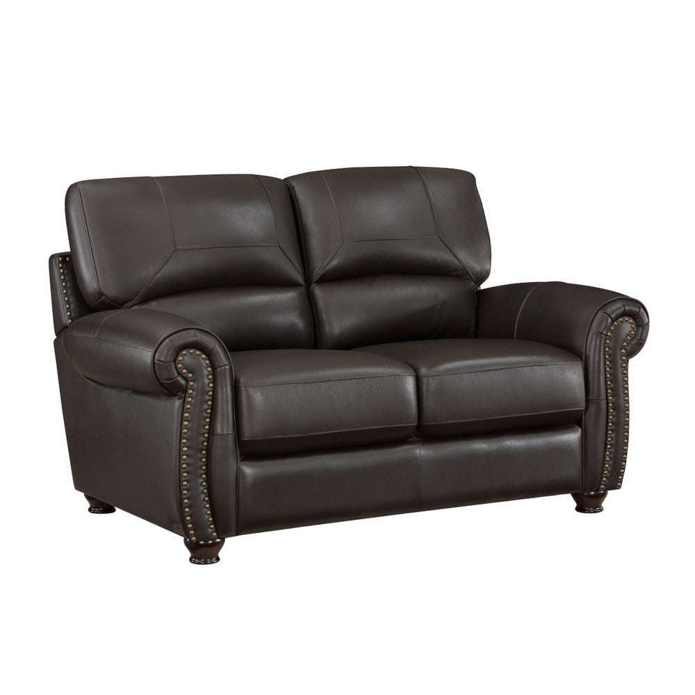 Kia 63 Inch Loveseat, Dark Brown Top Grain and Faux Leather, Solid Wood By Casagear Home