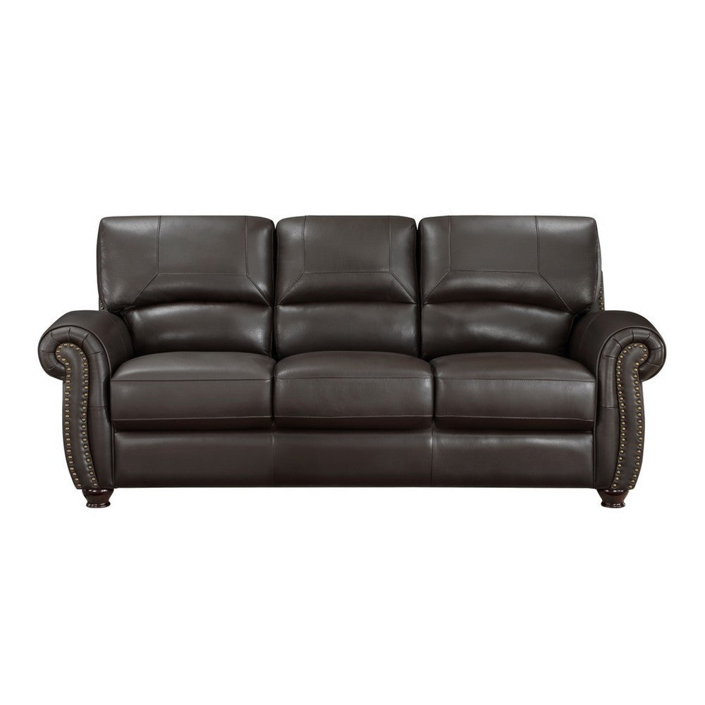 Kia 84 Inch Sofa Dark Brown Top Grain and Faux Leather Solid Wood By Casagear Home BM315509