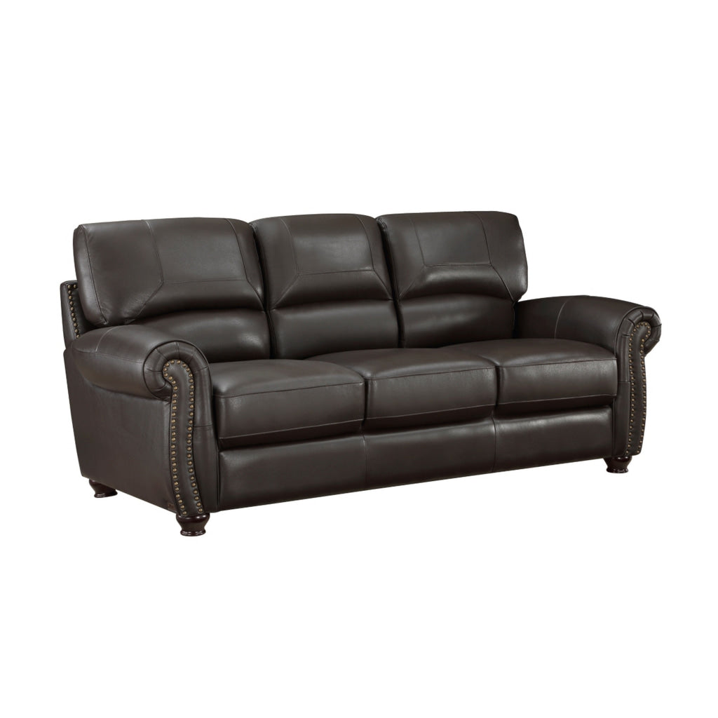 Kia 84 Inch Sofa Dark Brown Top Grain and Faux Leather Solid Wood By Casagear Home BM315509