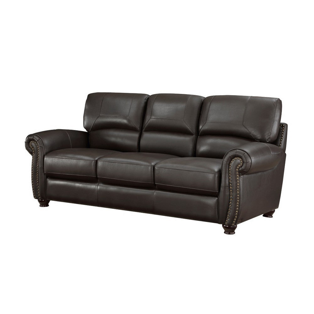 Kia 84 Inch Sofa Dark Brown Top Grain and Faux Leather Solid Wood By Casagear Home BM315509