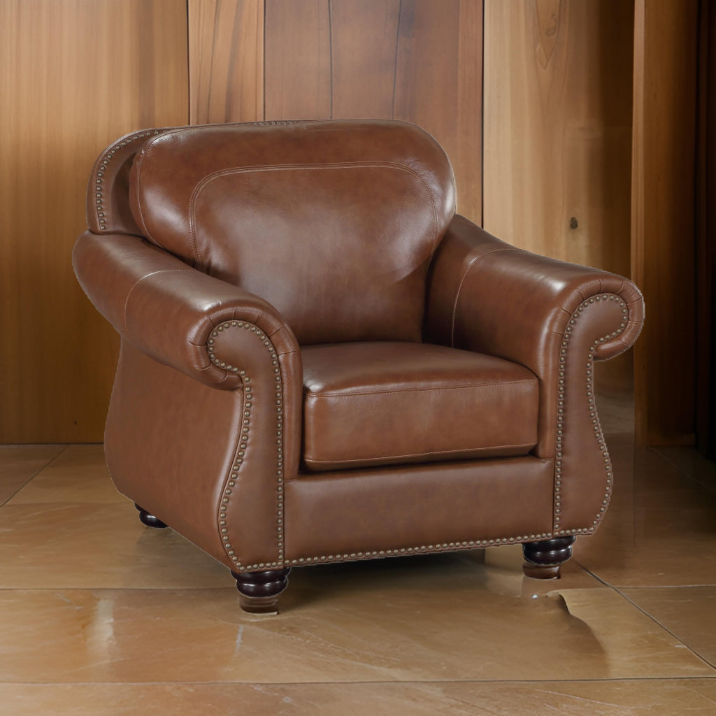 Boro 40 Inch Accent Chair Brown Top Grain and Faux Leather Solid Wood By Casagear Home BM315510